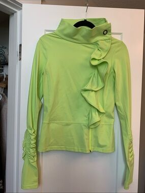 KARMA Women’s Lime Green Athletic Wear Ruffle Zip-Front Top